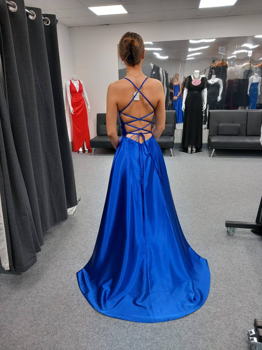 Royal Blue Zara Dress with pockets, lace up back with side split Redcarpetdresses.co.uk Royal Blue Zara Dress with pockets, lace up back with side split Redcarpetdresses.co.uk