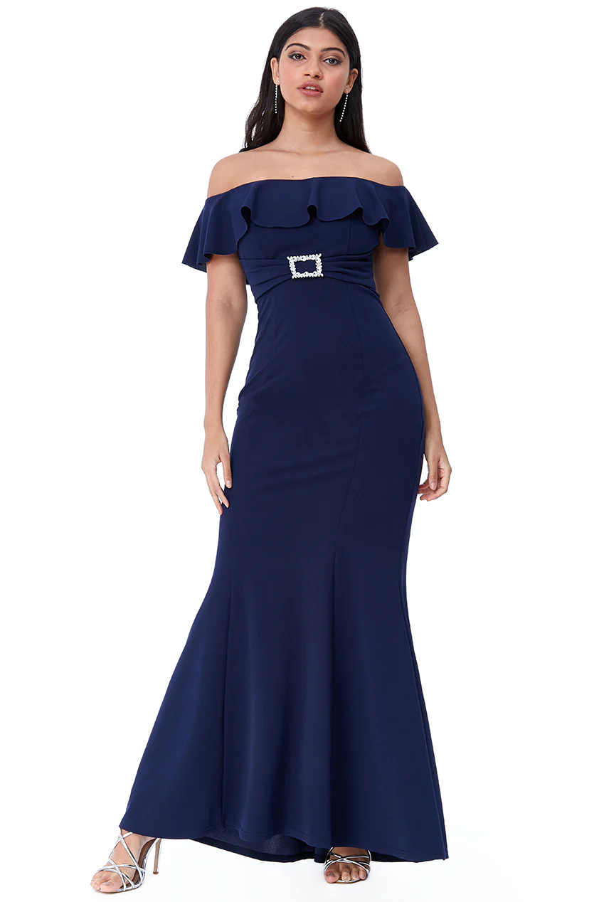 navy blue bardot dress Bardot Dress (Navy-Size 8) Mother of Bride/Groom. Wedding Guest. Cockt –  Redcarpetdresses.co.uk