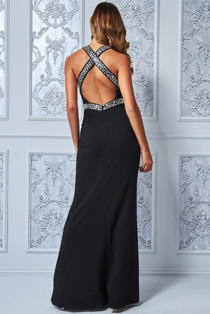 Diamantee Back Dress  (Black) Cruise, Formal, Black-Tie, Ball, Prom, Wedding Guest
