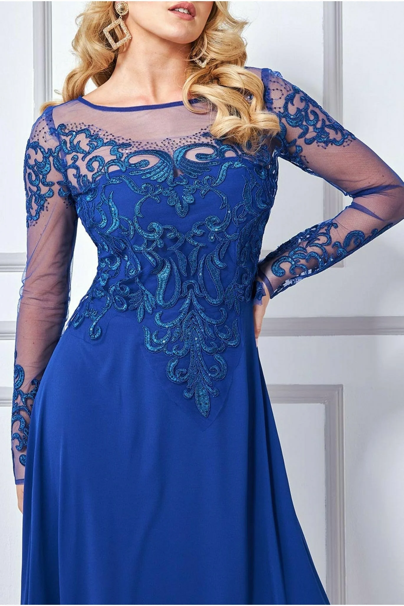 Embroidered Body Dress Royal blue Mother of Bride Groom. Wedding