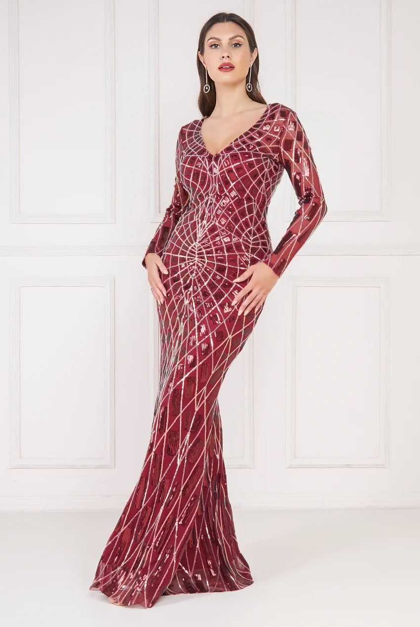 Sequinned Fishtail Dress (Wine) Cruise, Formal, Black-Tie, Ball, Prom, Wedding Guest