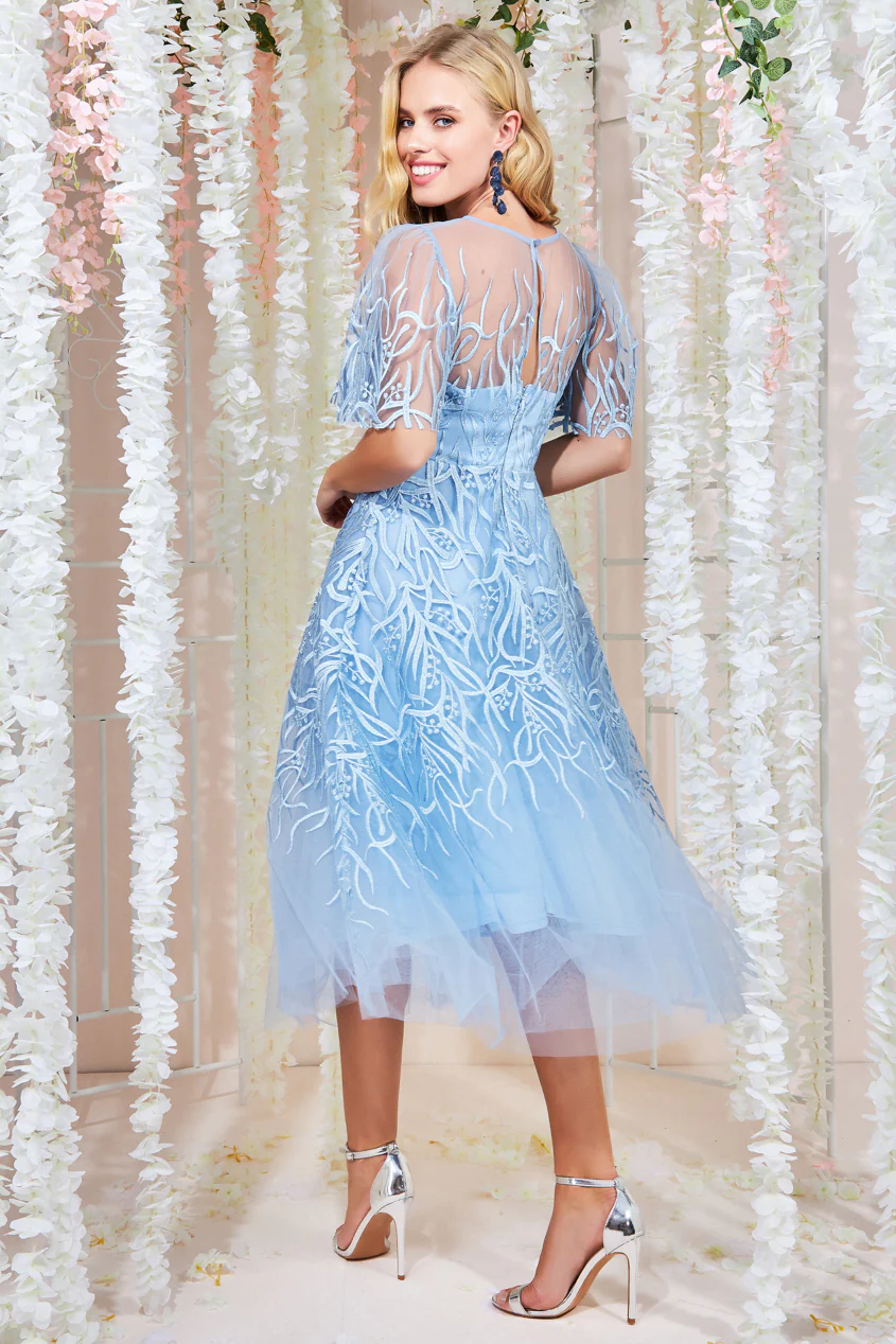 Embroidered Dress Powder Blue Mother of Bride Groom. Wedding Guest. Cocktail. Ball. Cruise