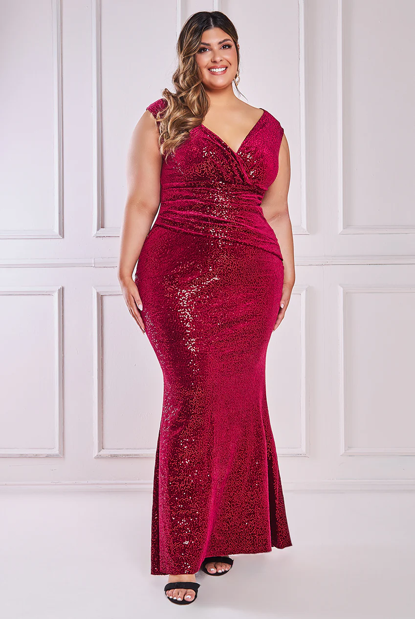 Plus Size Sequinned Dress 3623 (Wine) Prom, Ball., Black-tie, Bridesmaid,