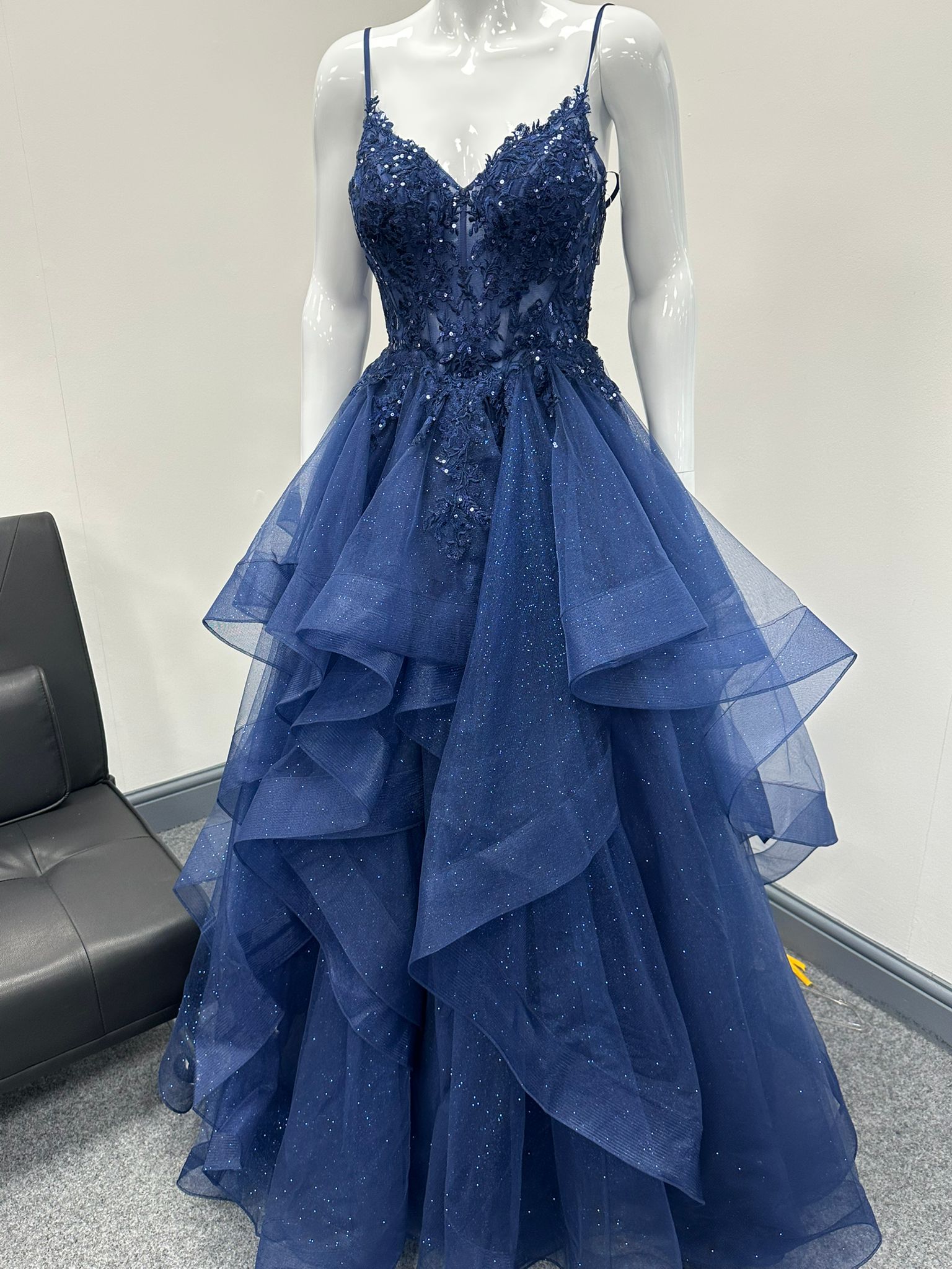 Navy Blue Ruffled Ballgown Prom Dress RRP 645 we sell at 299 Redcarpetdresses.co.uk Navy Blue Ruffled Ballgown Prom Dress RRP 645 we sell at 299 Redcarpetdresses.co.uk