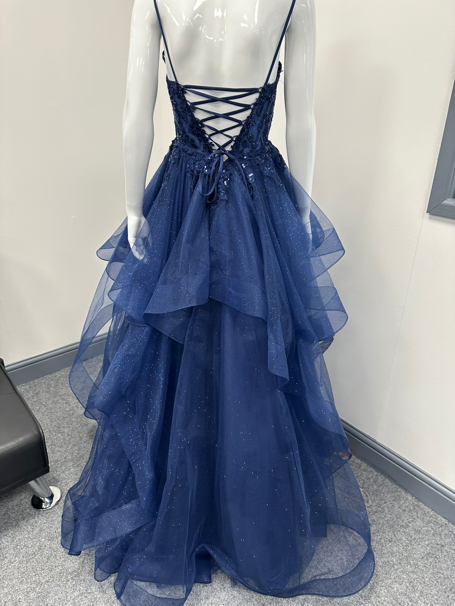 Navy Blue Ruffled Ballgown Prom Dress RRP £645 we sell at £299