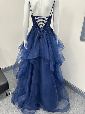 Navy Blue Ruffled Ballgown Prom Dress RRP £645 we sell at £299