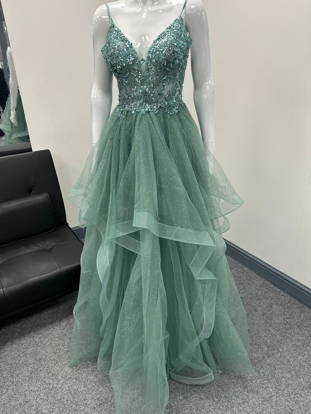 Green Ruffled Ballgown Prom Dress RRP £645 we sell at £299