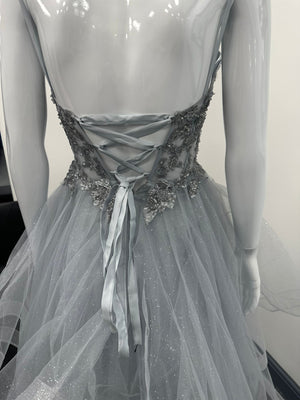 Silver Grey Ruffled Ballgown Prom Dress RRP £645 we sell at £299