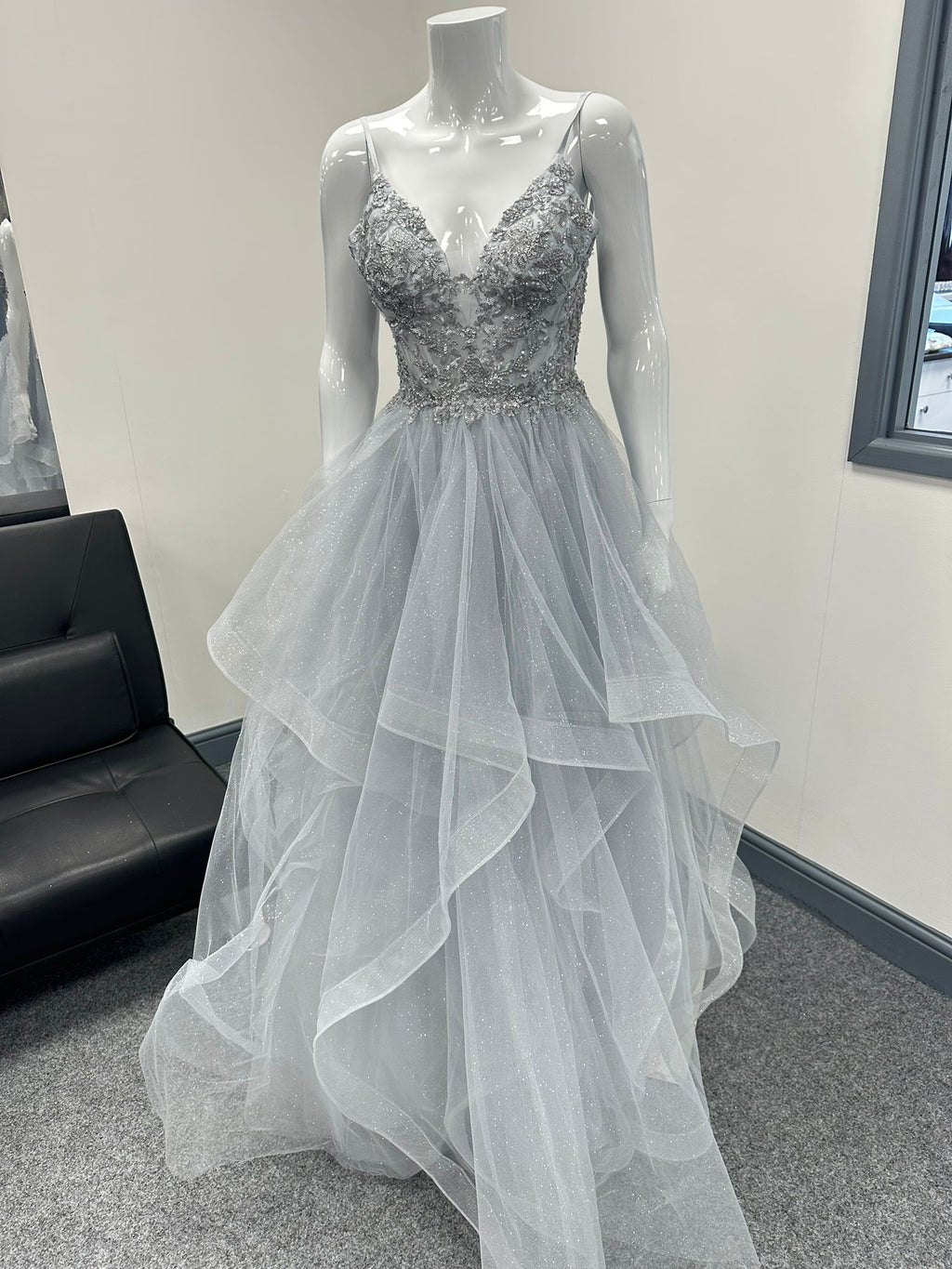 Silver Grey Ruffled Ballgown Prom Dress RRP £645 we sell at £299