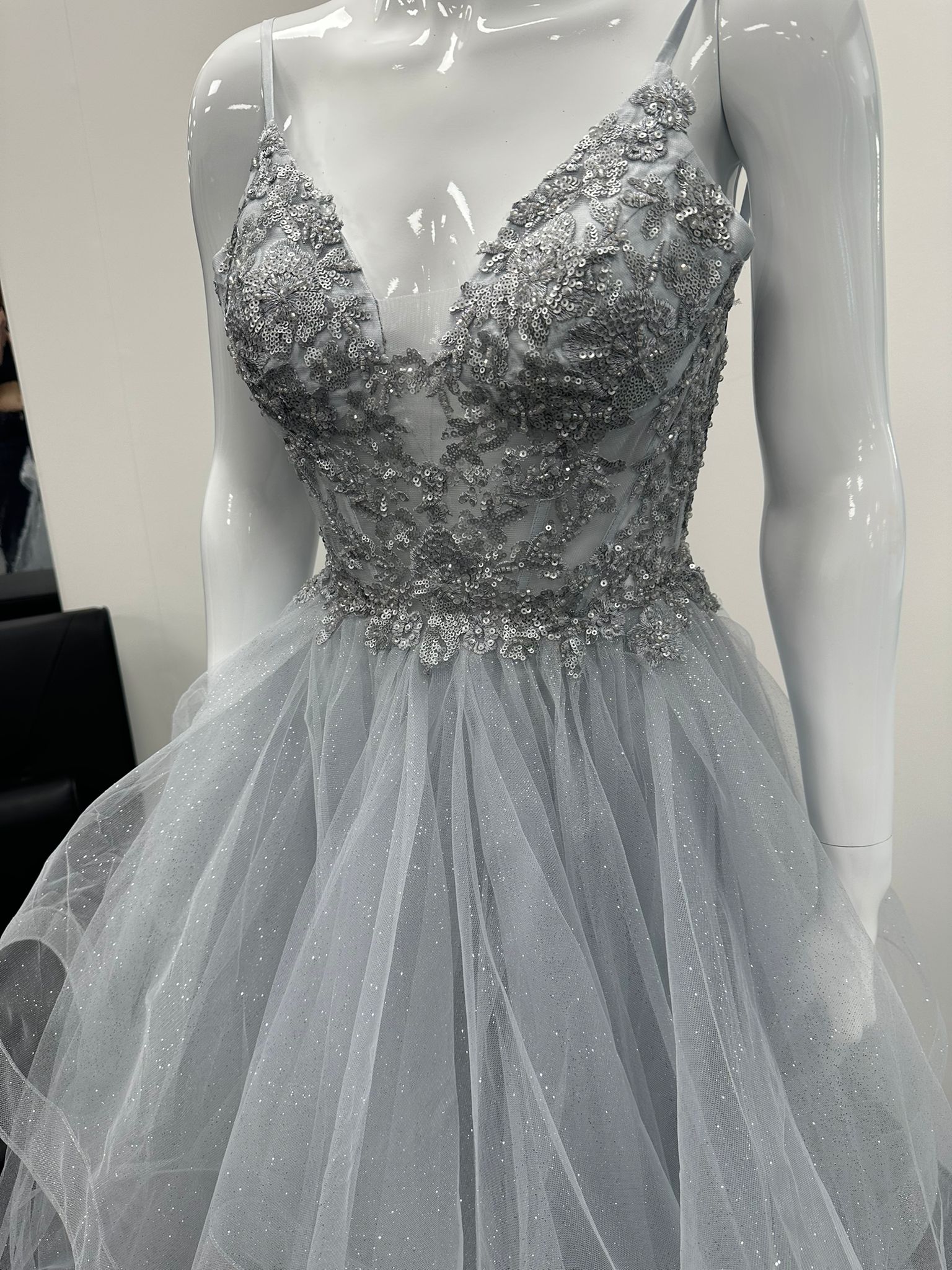 Silver Grey Ruffled Ballgown Prom Dress RRP £645 we sell at £299