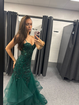 Dark Green Sequinned Tulle Ballgown Prom Dress Ball Cruise RRP £645 we sell at £299