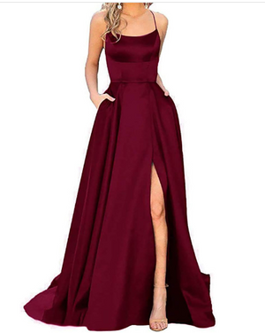 Side Split Dress with Pockets (Deep Red) Prom, Pageant, Cruise, Black-Tie, Bridesmaid, Formal Event (Copy)