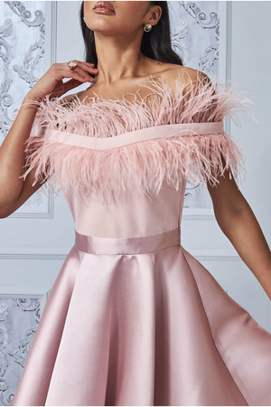 Feathered Mini Dress Pink Mother of Bride Groom. Wedding Guest