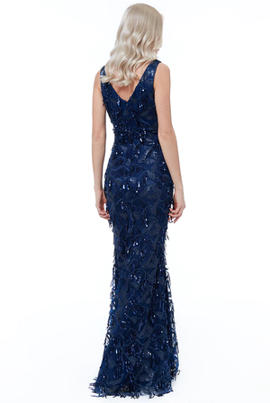 Navy Blue Size 12 Fringed Full Length Sequinned Gown / Dress