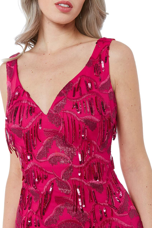 Cerise Pink Size 12 Fringed Full Length Sequinned Gown / Dress