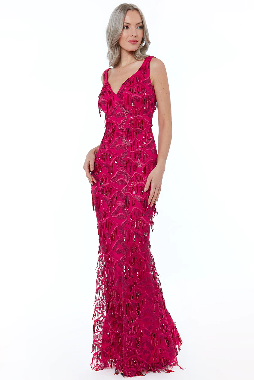 Cerise Pink Size 12 Fringed Full Length Sequinned Gown / Dress