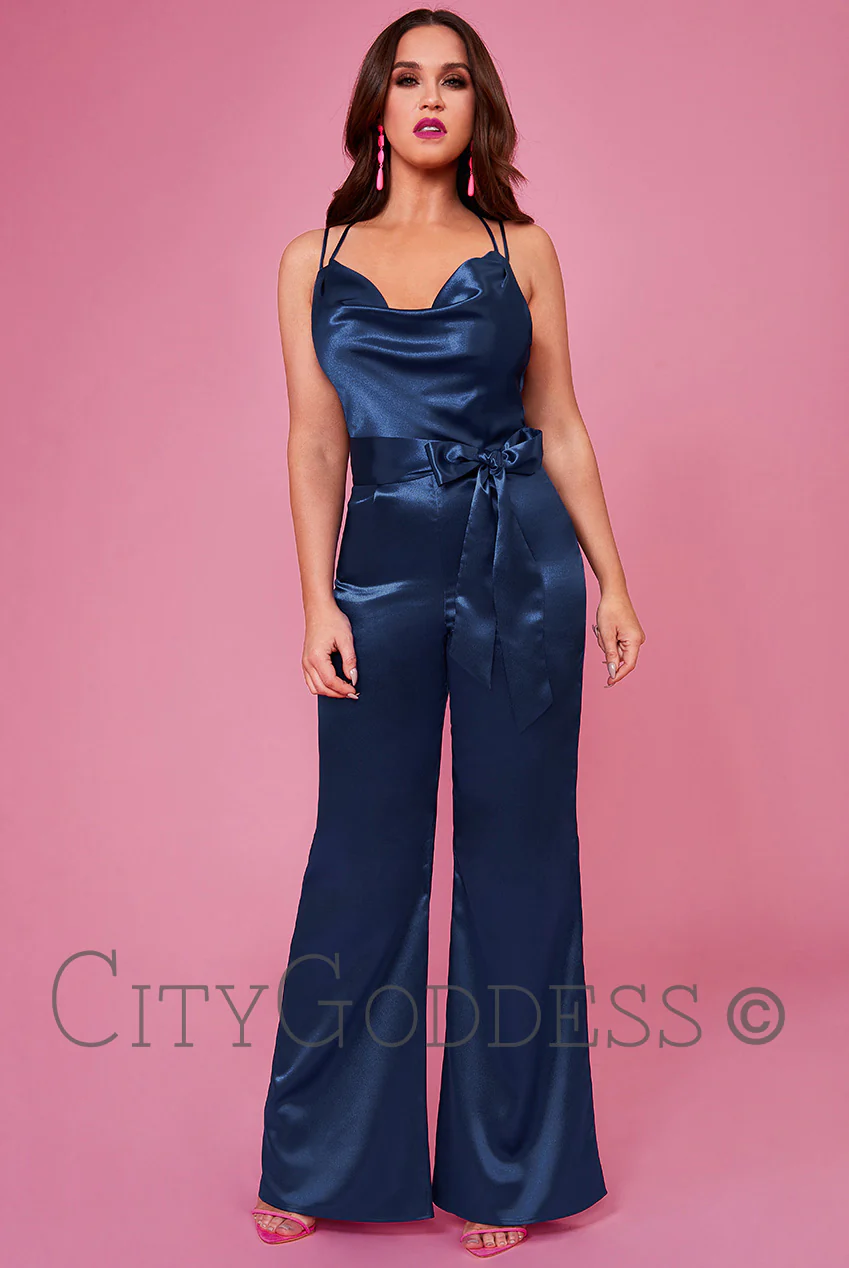 Satin Effect Jumpsuit (Navy-Size 10) Prom, Ball, Wedding Guest, Races, Formal Event, Races, Cocktail, Prom