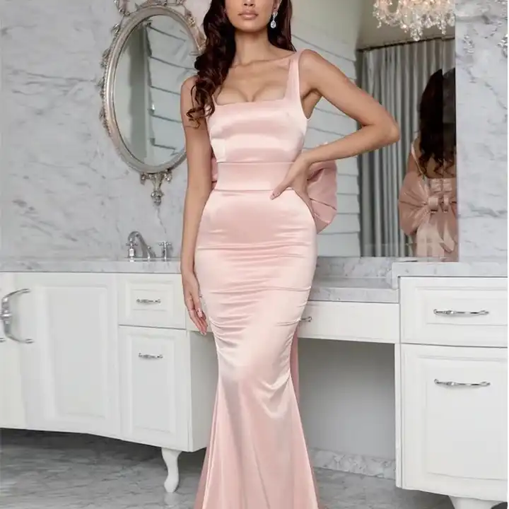 Satin Bow Back Dress  (Pink) Cruise, Formal, Black-Tie, Ball, Prom, Wedding Guest
