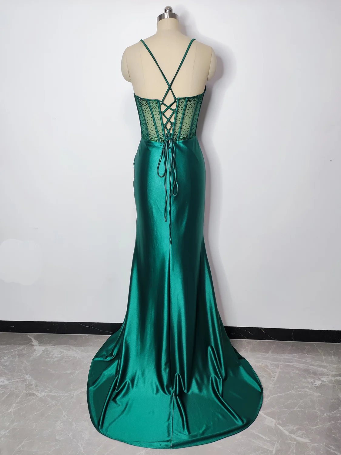 Sequin/beaded Corset Side Split Dress in a very Dark Green