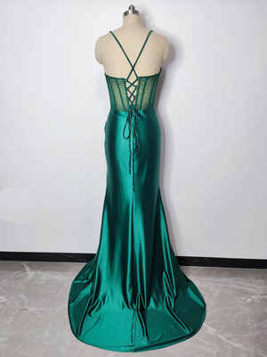 Sequin/beaded Corset Side Split Dress in a very Dark Green