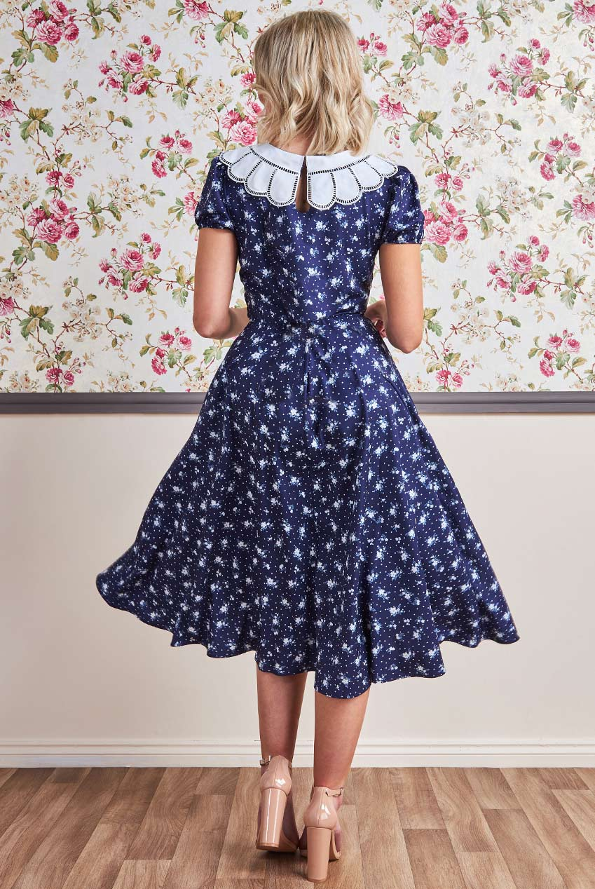 Printed Navy + White dress with Front split  for a special occasion