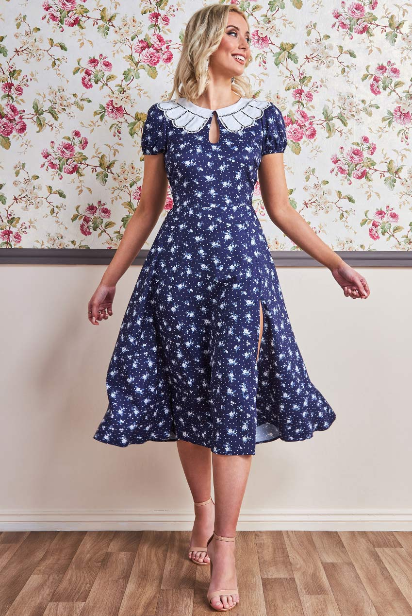 Printed Navy + White dress with Front split  for a special occasion