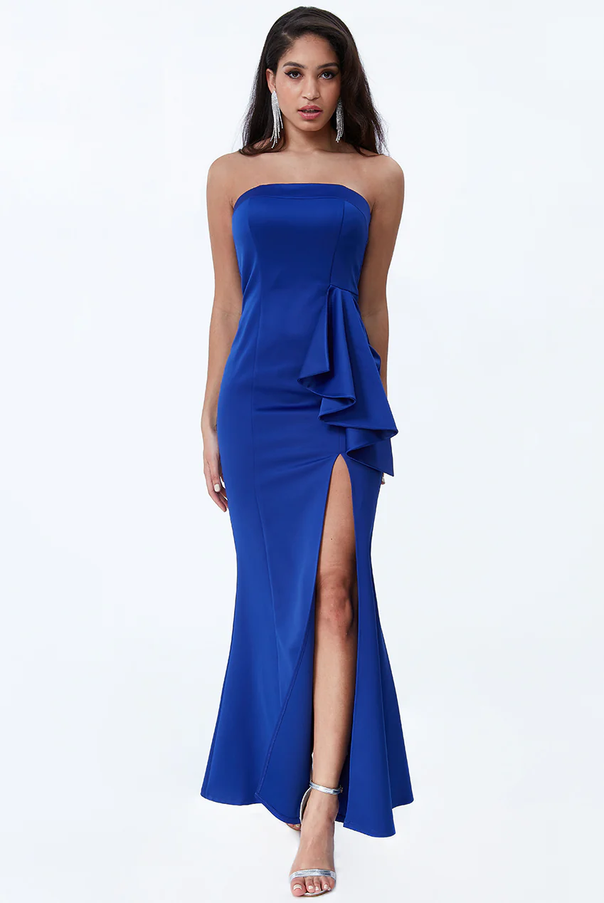 Satin Waterfall Side Split Frill Royal Blue dress for a special occasion