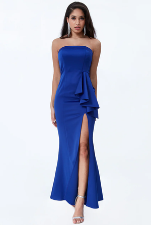 Satin Waterfall Side Split Frill Royal Blue dress for a special occasion