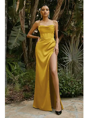 Corset Side Split Dress Yellow Cruise Formal Black Tie Ball
