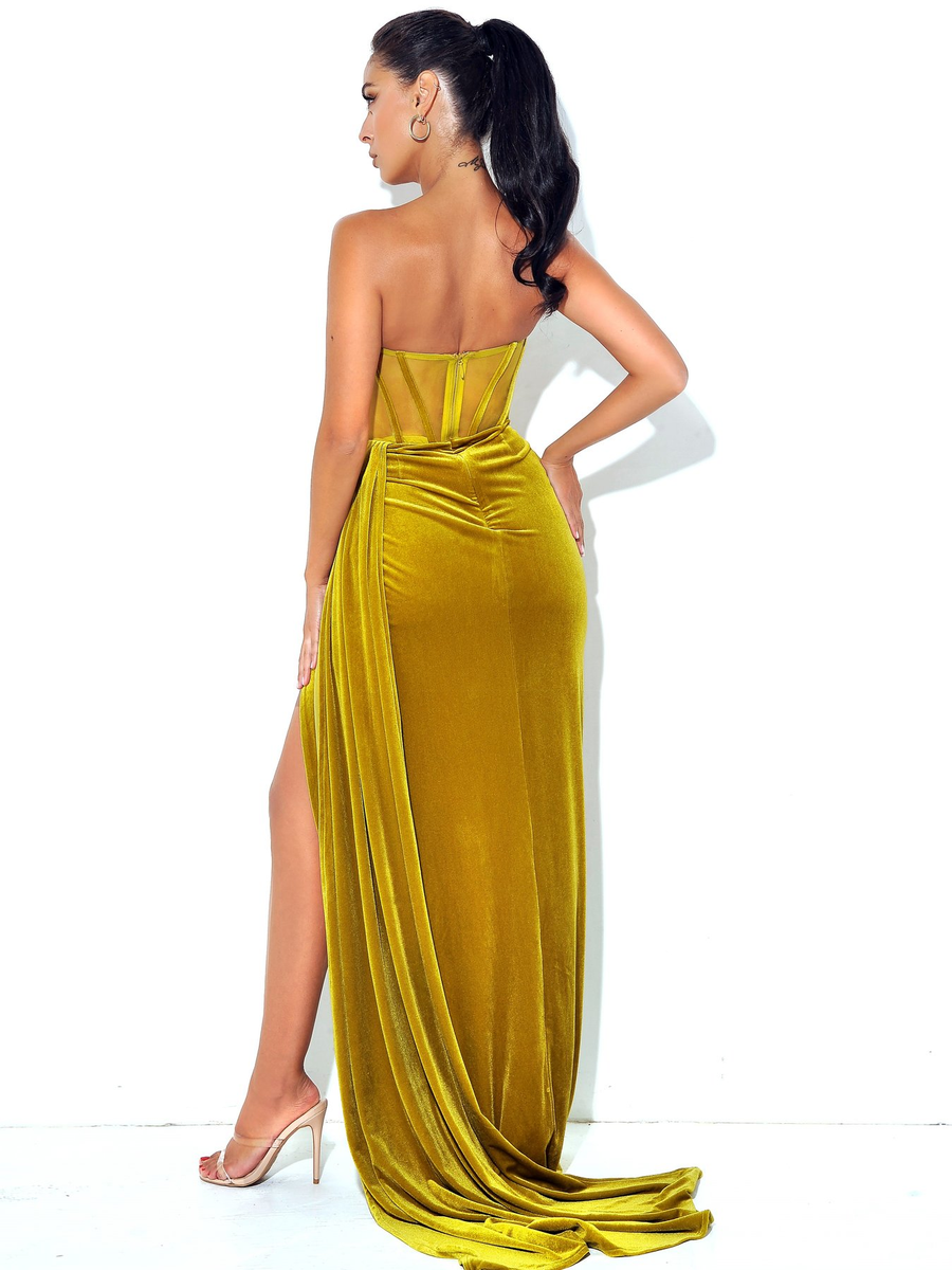 Velvet Mesh Boned Fitted Side Split Dress (Mustard) Cruise, Formal, Bl ...