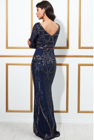 Long Sleeved sequinned Dress (Navy-Size 8) Prom, Ball, Wedding Guest, Races, Formal Event, Races, Cocktail, Prom