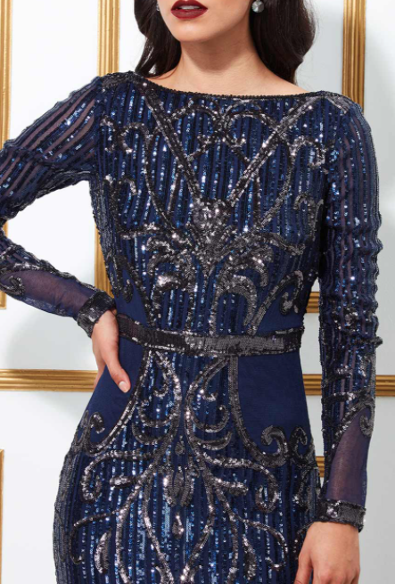 Long Sleeved sequinned Dress (Navy-Size 10) Prom, Ball, Wedding Guest, Races, Formal Event, Races, Cocktail, Prom