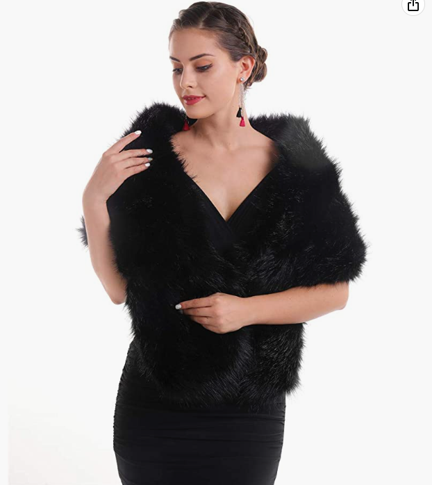 Faux Fur Wrap Shawl  (Black-Size one size) Cocktail, Prom, Cruise, Ball, Black-Tie, Wedding