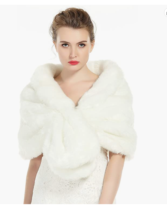 Faux Fur Wrap Shawl  (Ivory-Size one size) Cocktail, Prom, Cruise, Ball, Black-Tie, Wedding